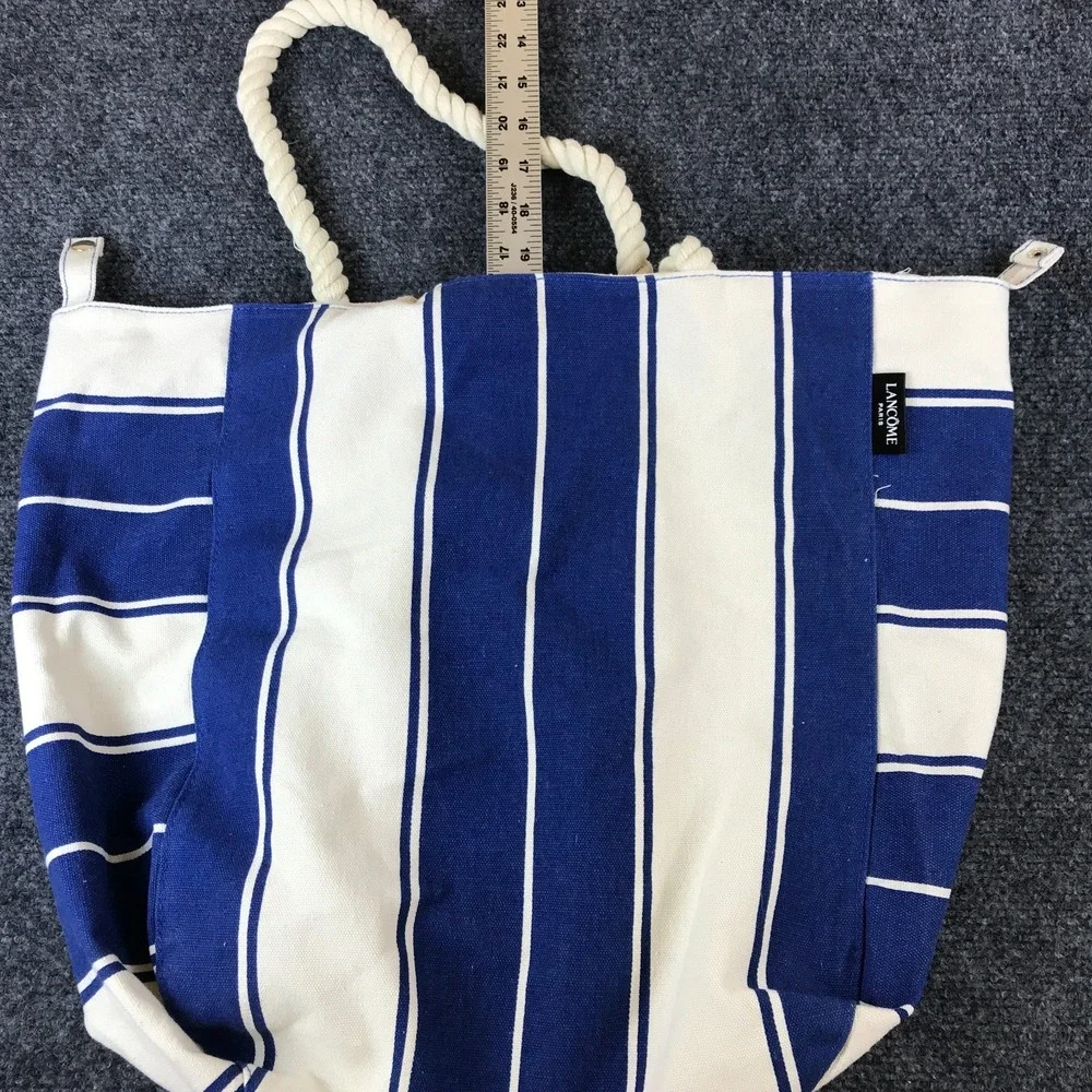 Lancôme Paris Tote Bag White Blue Striped Canvas Rope Double Handle Shopping Bag